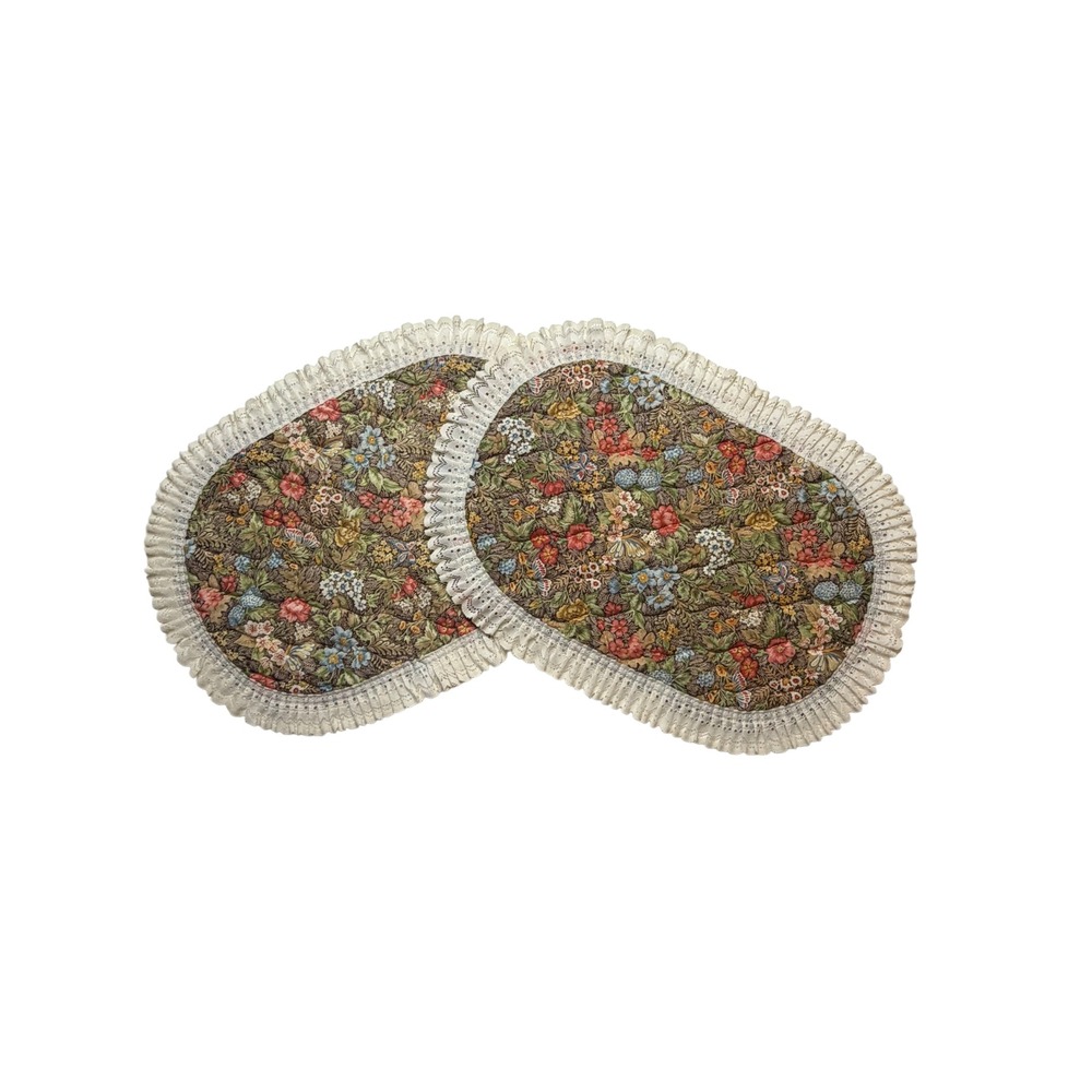 Vintage Floral Quilted Oval Placemats Set of 2 Lace Trim Butterfly Cottagecore
